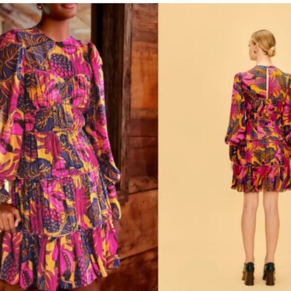 FARM RIO Pink Yellow Fruit Dream Long Sleeve Ruffle Pleated Mini Small $265 - Picture 9 of 14